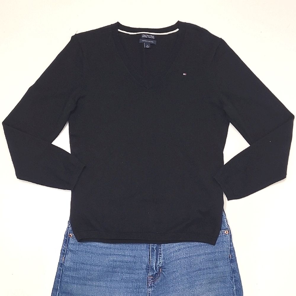 Tommy Hilfiger V-Neck Pullover Sweater Brand Logo Ribbed Hem Cardigan Top Sz Lg.